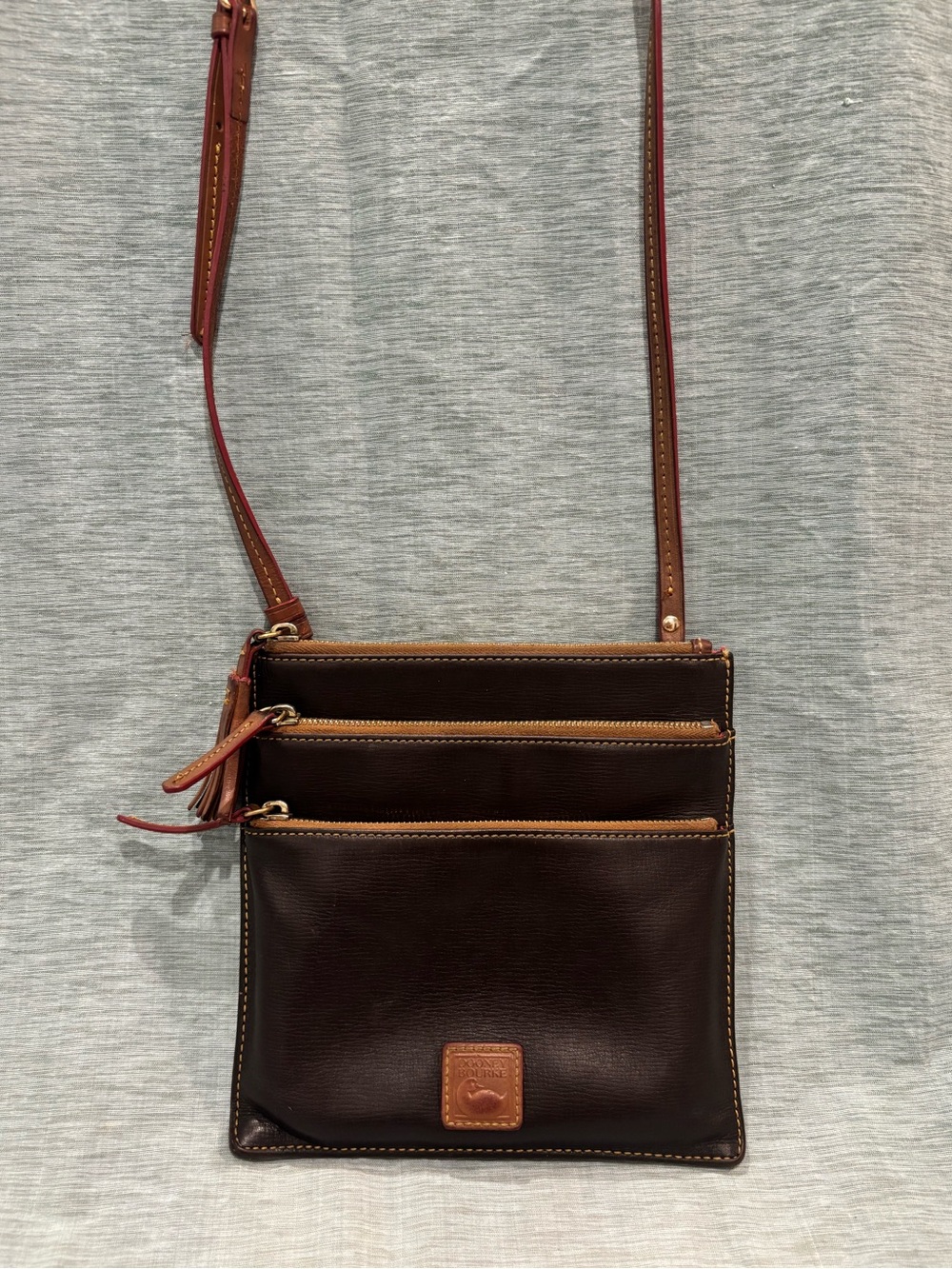 Vintage Dooney & Bourke Dark Brown Leather Triple-Zip Crossbody with Tan Trim